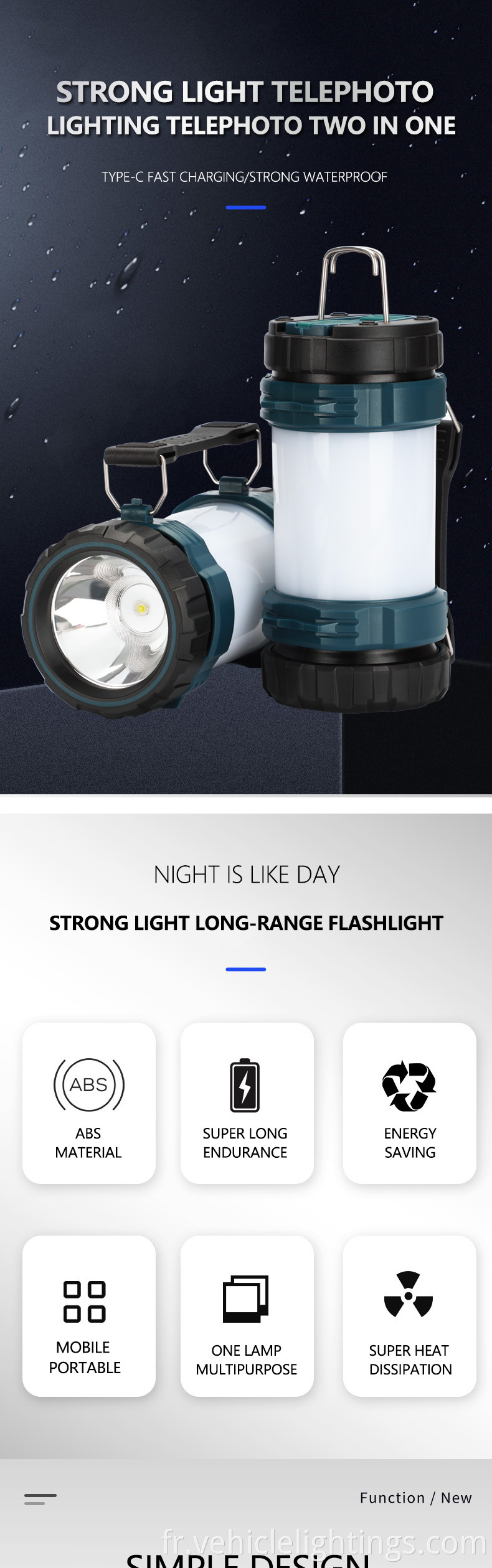 Banque d'alimentation rechargeable de courant super lumineux 6 modes LED LANTERN CAMPING avec lampe de poche de camping